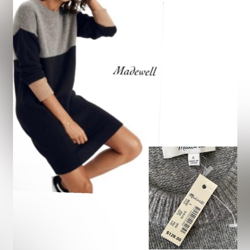 Madewell Black Gray Tan Merino Colorblock Sweater Dress Size S, NWT